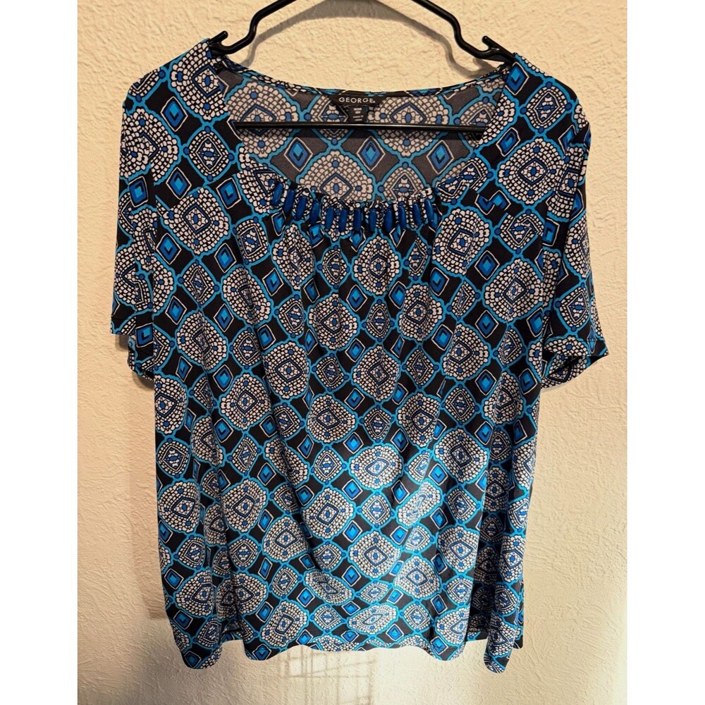 George Blue Black White Geometric Knit Beaded Round Neck Blouse 1X